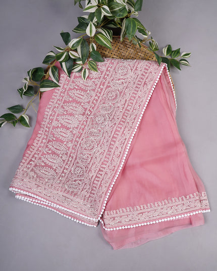 Soft Tissue Organza Silk with Kantha Work Lace Border - Pink
