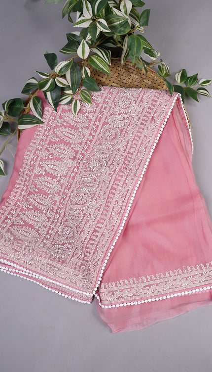 Soft Tissue Organza Silk with Kantha Work Lace Border - Pink