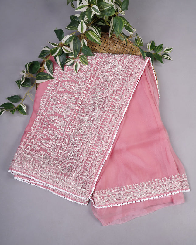 Soft Tissue Organza Silk with Kantha Work Lace Border - Pink