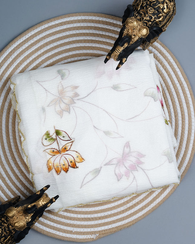 Crush tissue saree with hand painting butties and scallop border Kardana & Sequence Work - White