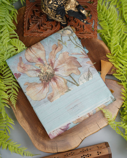 Kota cotton Saree with Floral Print - Sky Blue