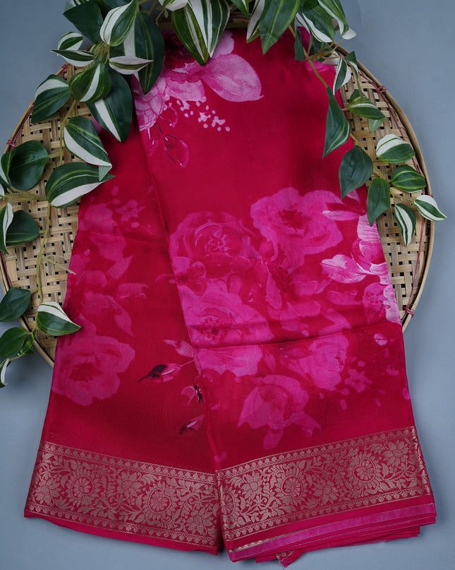 Binny Crepe Floral Print with Golden Zari Border- Pink