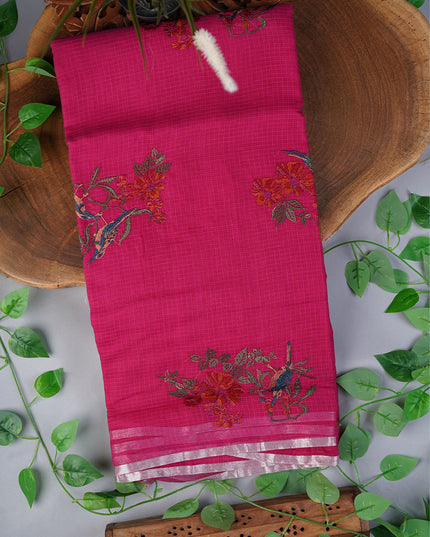 Kota Saree with Thread Work Butties Silver Zari Border- Pink