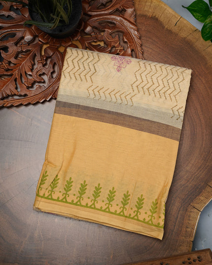 Handloom Cotton with Block Print- Tan
