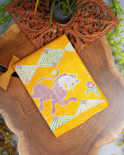 Pure Silk Saree With Horse Print - Yellow