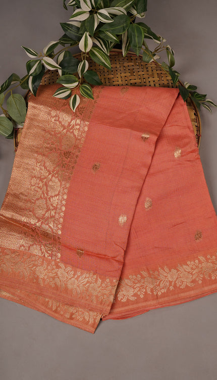 Silk Kota Allover Golden Zari Buttis - Peach