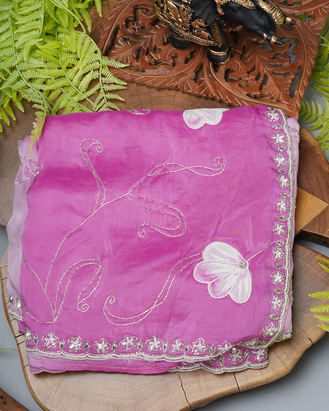 Italin crepe saree with kardhana applique work and scalp border - Pink