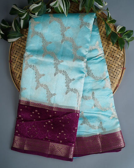 Chiniya Silk With Lehariya Weaving Contrast Gap Border - Sky Blue