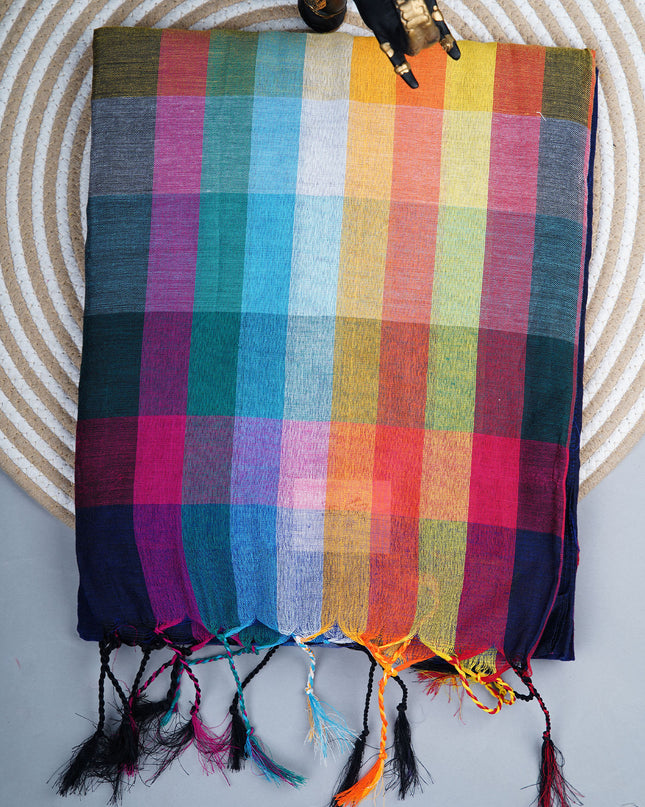 Mulcotton saree with  multicolored check pattern - Navy