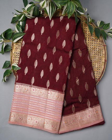 Chanderi Silk Saree With Gold & Silver Contrast Gap Border - Maroon