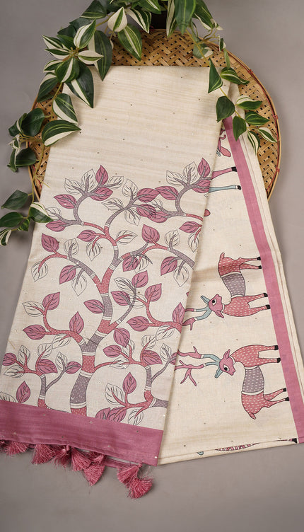 Tussar Allover Digital Print Mukesh Work - Cream & Rani Pink