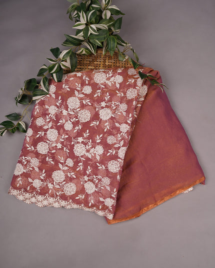 Tissue Georgette all Over Chicken Kari Work with Scallop Border - Light Maroon