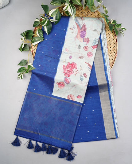 Tusser Silk Saree Floral Print with Contrast Border- Light Blue