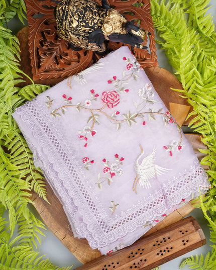 Soft Tissue Organza Silk with All Over Embroidery with Cut Work Border - Lavender