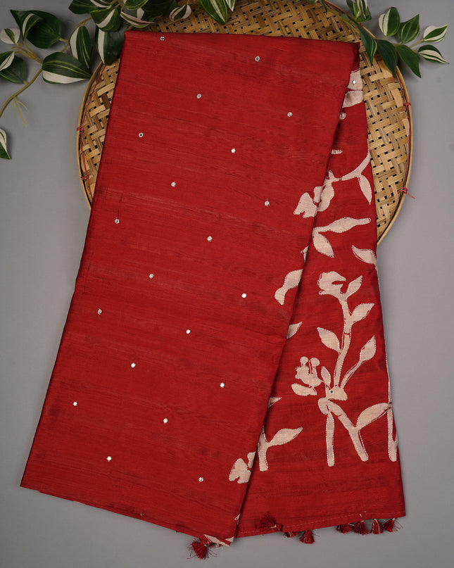 Tusser Silk Ari Work With Mirror Work - Maroon