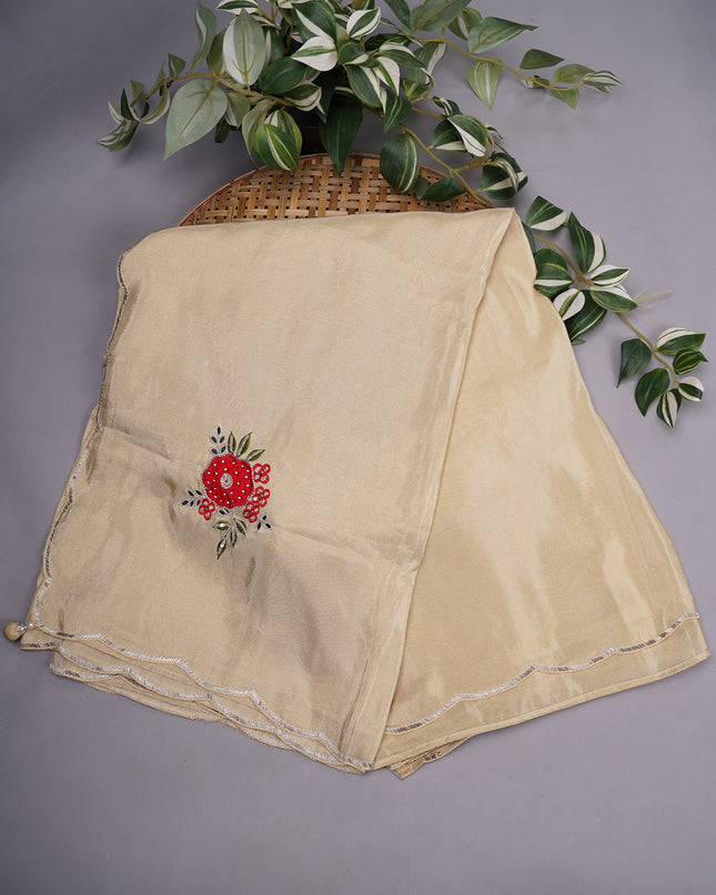 Russian Crepe with Applique Work Butties and Scallop Border with Kardhana Work - Beige