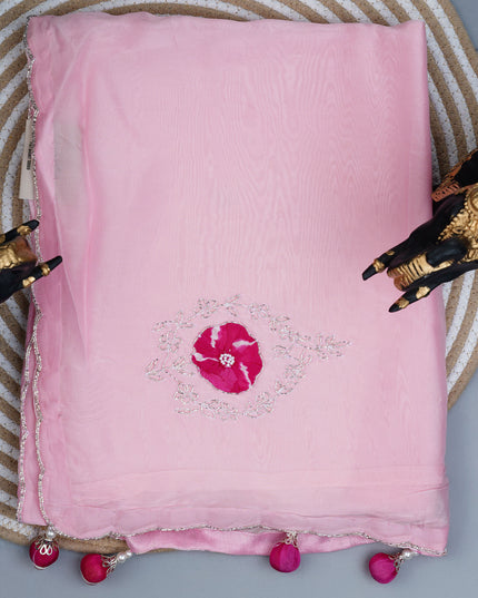 Russian silk saree with applique & Kardhana Work and scallop border - Baby Pink