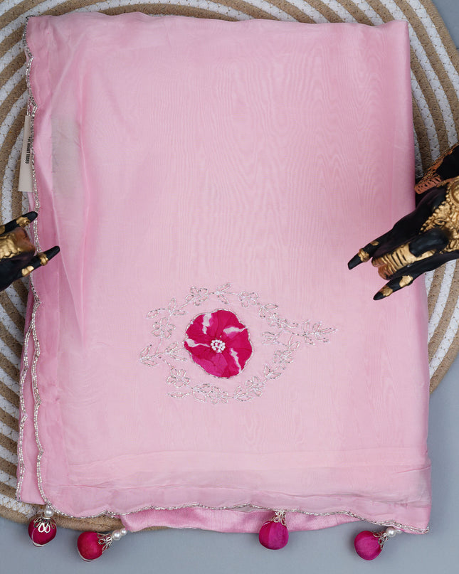 Russian silk saree with applique & Kardhana Work and scallop border - Baby Pink