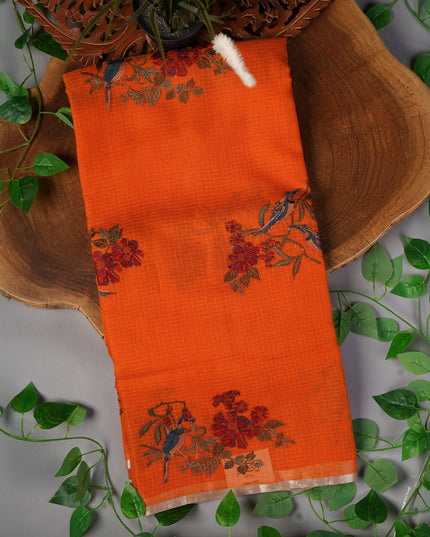 Kota Saree with Thread Work Butties Silver Zari Border- Orange