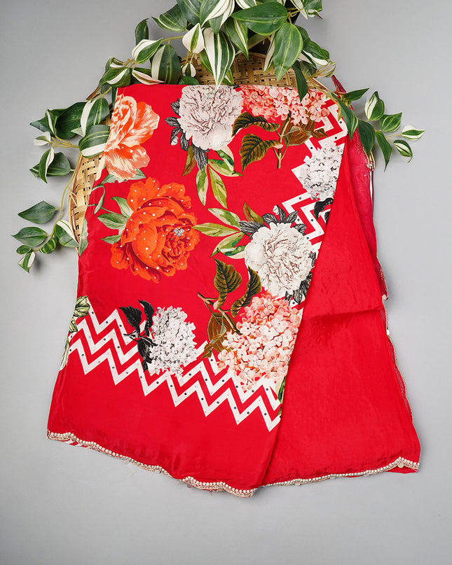 Crepe Saree With Floral Print Scallop Border Kardana Zardosi Sequence Work - Red