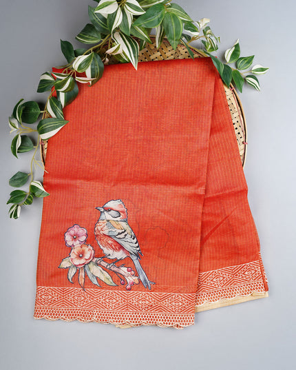 Kota Silk Saree with Applique Work and Scallop Border with Thread Work- Rust