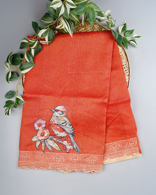 Kota Silk Saree with Applique Work and Scallop Border with Thread Work- Rust
