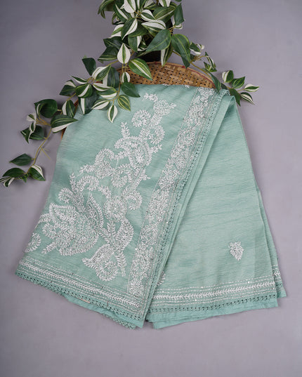 Crush Organza With Kantha Work & Lace Border - Green