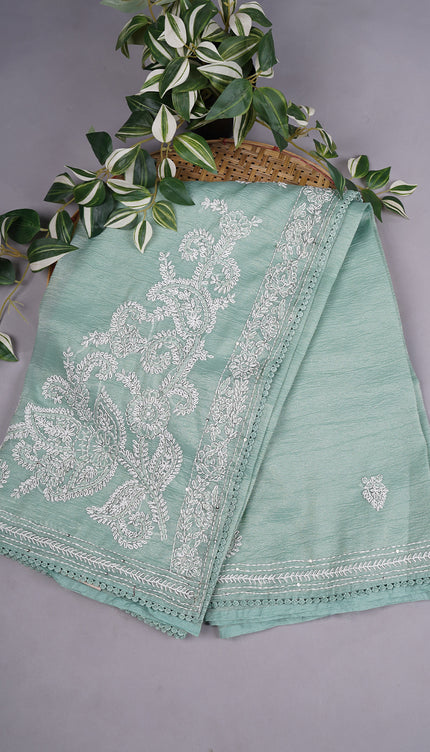 Crush Organza With Kantha Work & Lace Border - Green