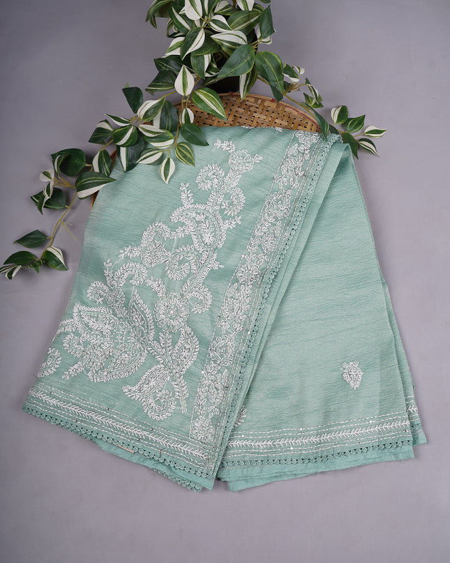 Crush Organza With Kantha Work & Lace Border - Green