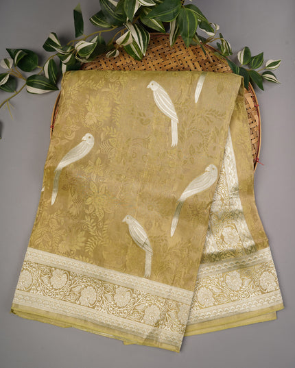 Tissue Banarasi Silk with All Over Self Weaving with Light Gold Zari Border - Green
