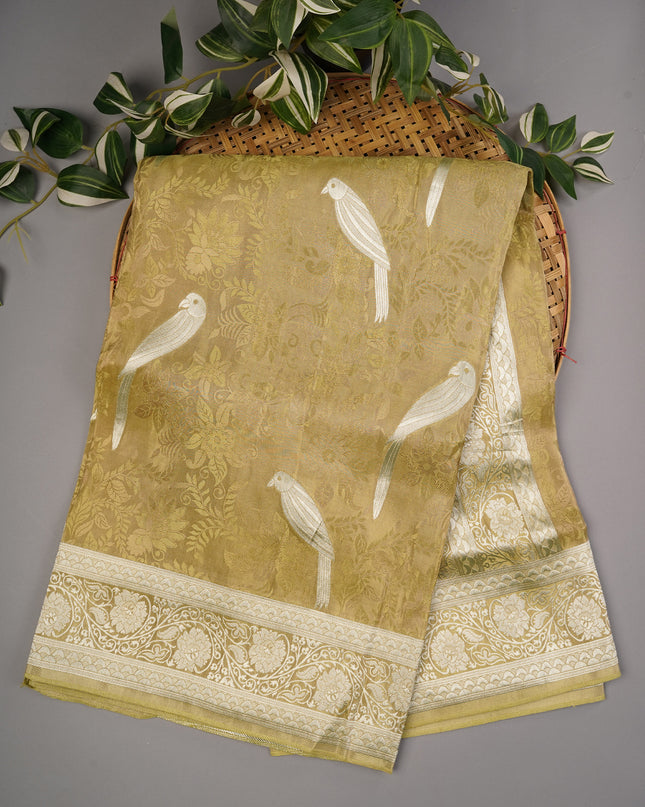 Tissue Banarasi Silk with All Over Self Weaving with Light Gold Zari Border - Green