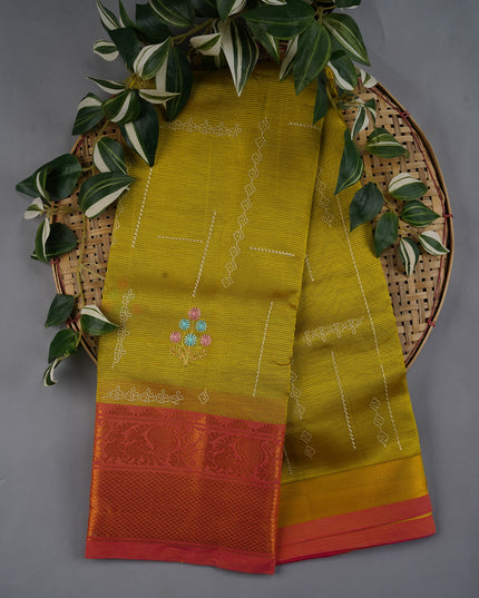 Managalgiri Silk Saree with Thread Embroidery Butties and Gold Border- Lime Green
