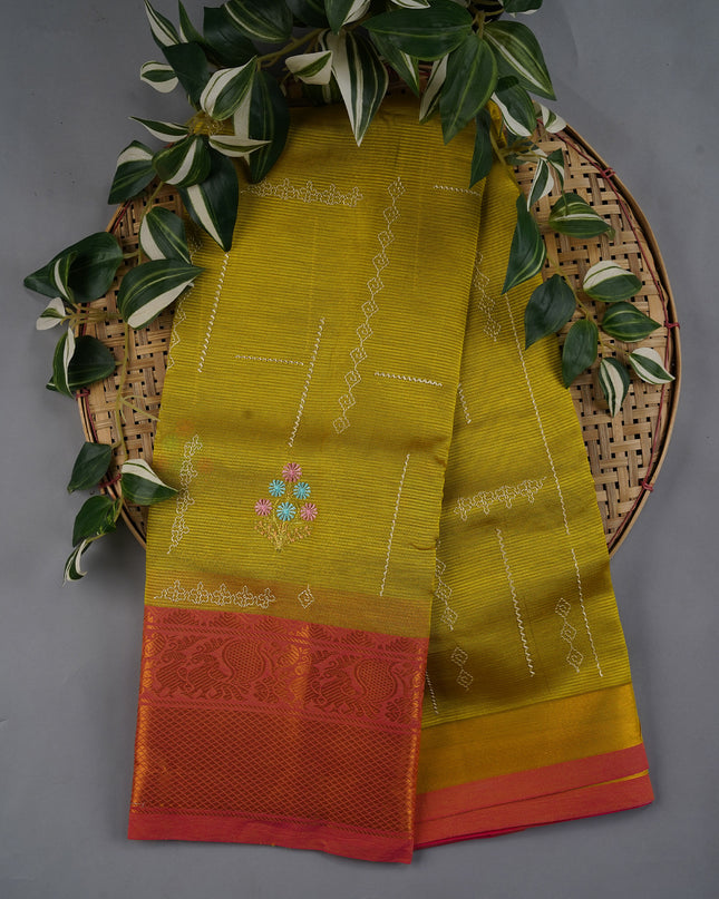 Managalgiri Silk Saree with Thread Embroidery Butties and Gold Border- Lime Green