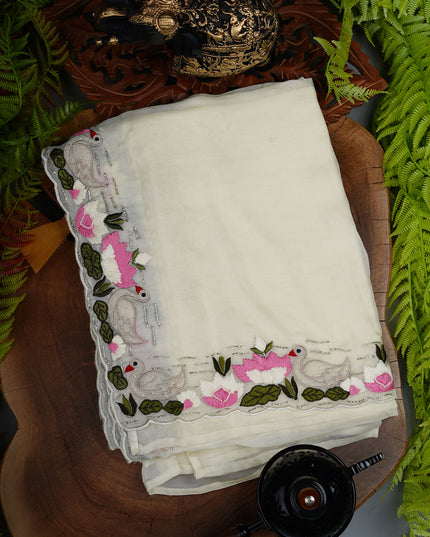 Russian Crepe Saree with Thread Work and Scallop Border- White