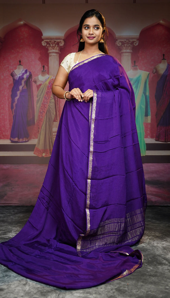 Binny Crepe Silk Saree With Golden Border - Violet