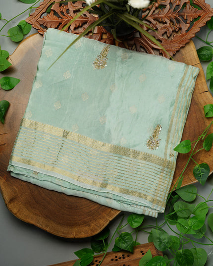 Russian Crepe Kardhana Sequence Work Butties Gold Stripes- Pista Green