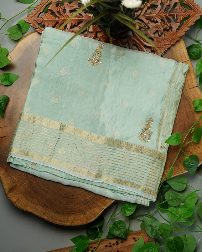 Russian Crepe Kardhana Sequence Work Butties Gold Stripes- Pista Green