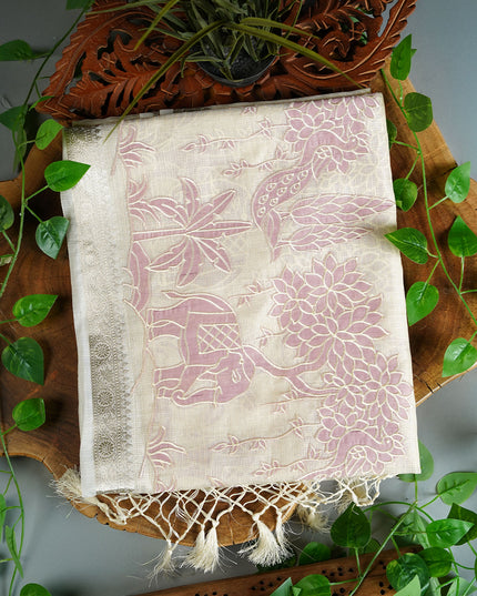 Silk Kota Saree with Mirror Work Applique Work with  Silver Border- Cream Onion Pink