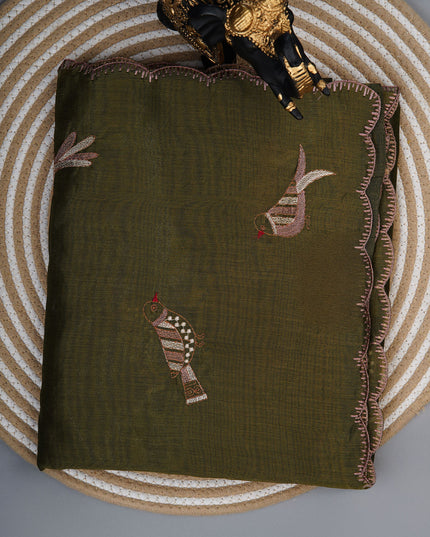 Linen saree with thread work motifs and scallop border - Olive Green