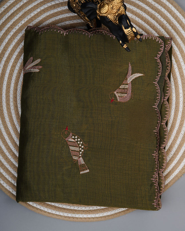 Linen saree with thread work motifs and scallop border - Olive Green