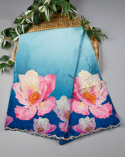 Crepe Saree With Floral Print Scallop Border Kardana Sequence Work - P Blue