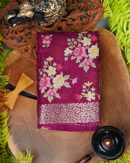 Wrinkle Crepe saree with Thread Embroidery Work and Border  - Wine