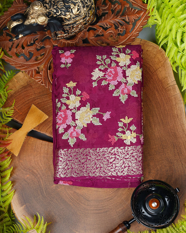 Wrinkle Crepe saree with Thread Embroidery Work and Border  - Wine