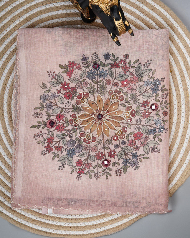 Tissue linen saree with floral Butties And Dori work With scallop border - Peach