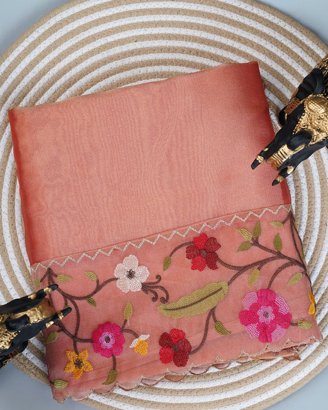 Soft tissue Organza saree with Thread work and scallop border - Peach