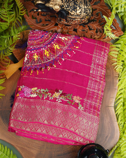 Wrinkle Crepe saree with Thread Embroidery Work and Border- Pink
