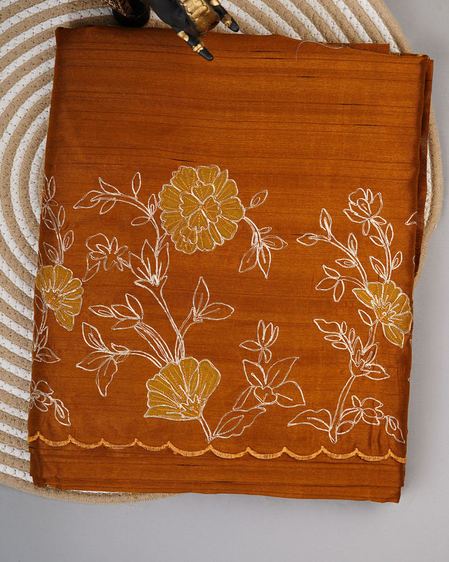 Tusser silk saree with applique and pitta work with scallop border - Rust