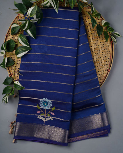 Chanderi Silk Saree With Thread Embroidery Butties And Gold Zari - Blue