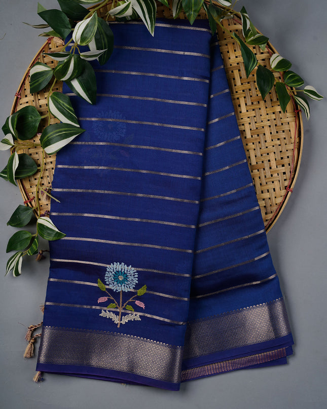 Chanderi Silk Saree With Thread Embroidery Butties And Gold Zari - Blue