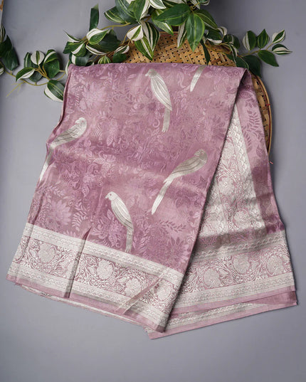 Tissue Banaras Silk Allover Self Weaving With Light Gold Zari Border - Lavender